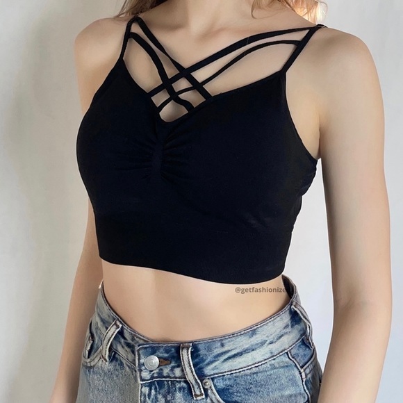 One Piece Criss Cross Bra Top with Sheer Detail